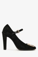 Louis Vuitton Black Suede Leather LV Plaque Mary Jane Heels Size 37 (A