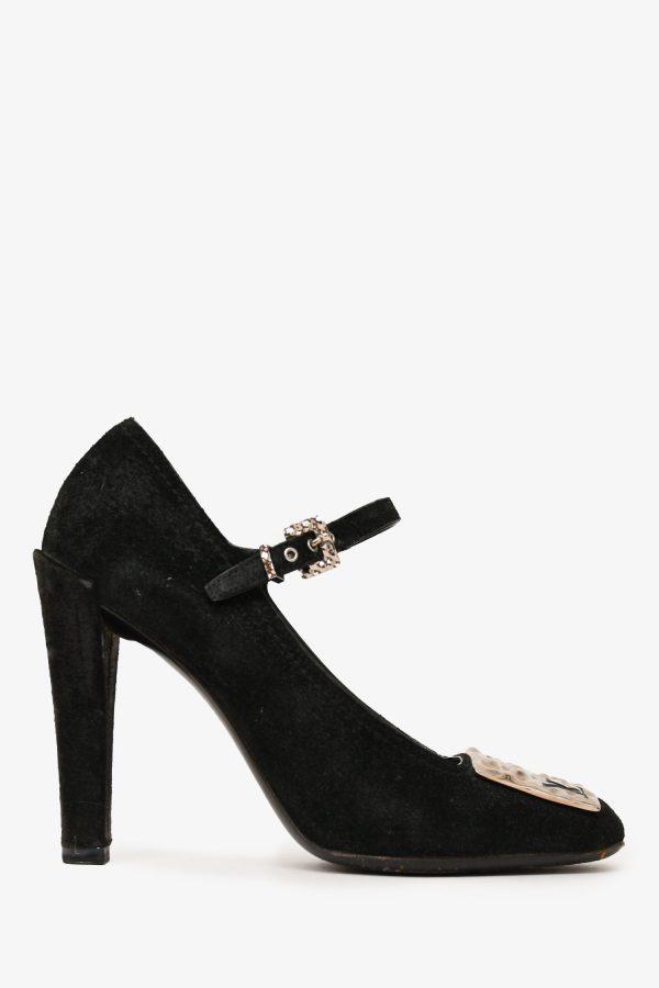 Louis Vuitton Black Suede Leather LV Plaque Mary Jane Heels Size 37 (A