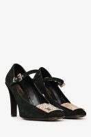 Louis Vuitton Black Suede Leather LV Plaque Mary Jane Heels Size 37 (A
