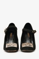 Louis Vuitton Black Suede Leather LV Plaque Mary Jane Heels Size 37 (A