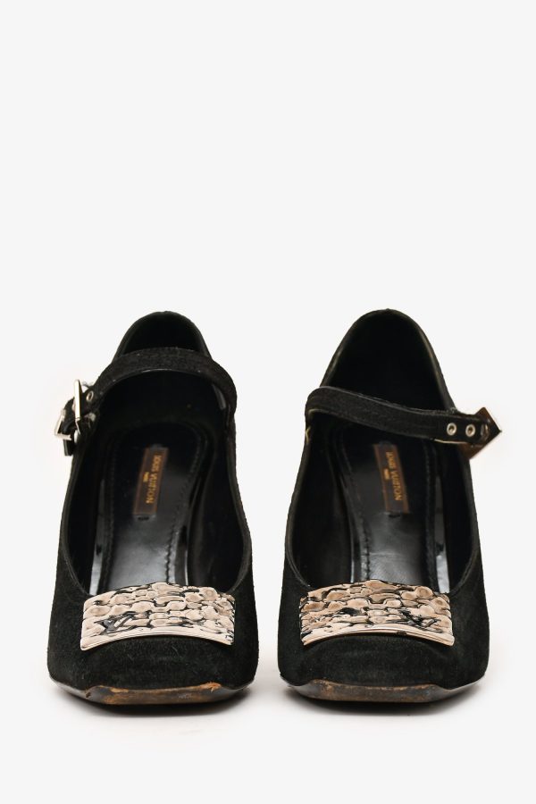 Louis Vuitton Black Suede Leather LV Plaque Mary Jane Heels Size 37 (A
