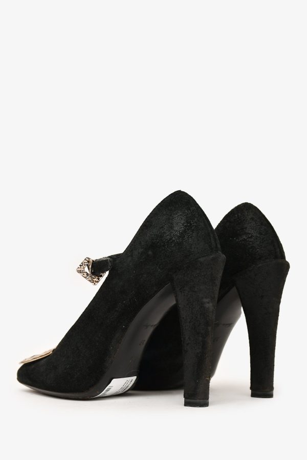 Louis Vuitton Black Suede Leather LV Plaque Mary Jane Heels Size 37 (A
