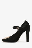 Louis Vuitton Black Suede Leather LV Plaque Mary Jane Heels Size 37 (A