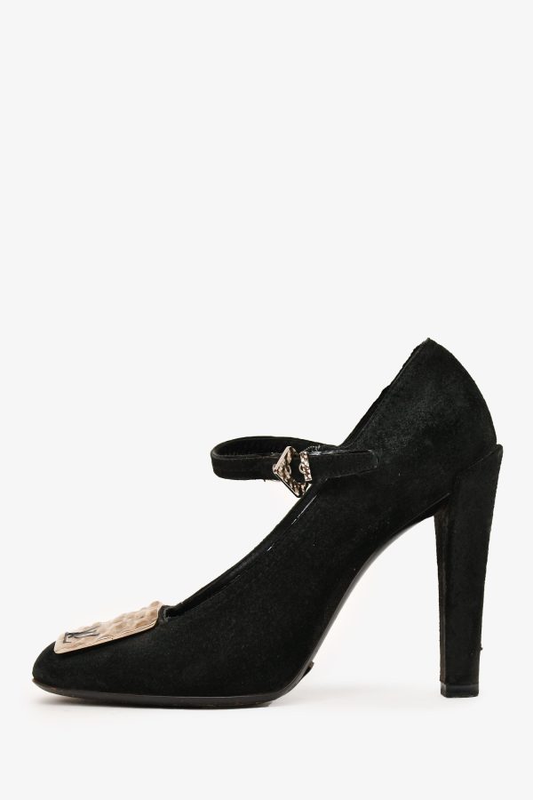 Louis Vuitton Black Suede Leather LV Plaque Mary Jane Heels Size 37 (A
