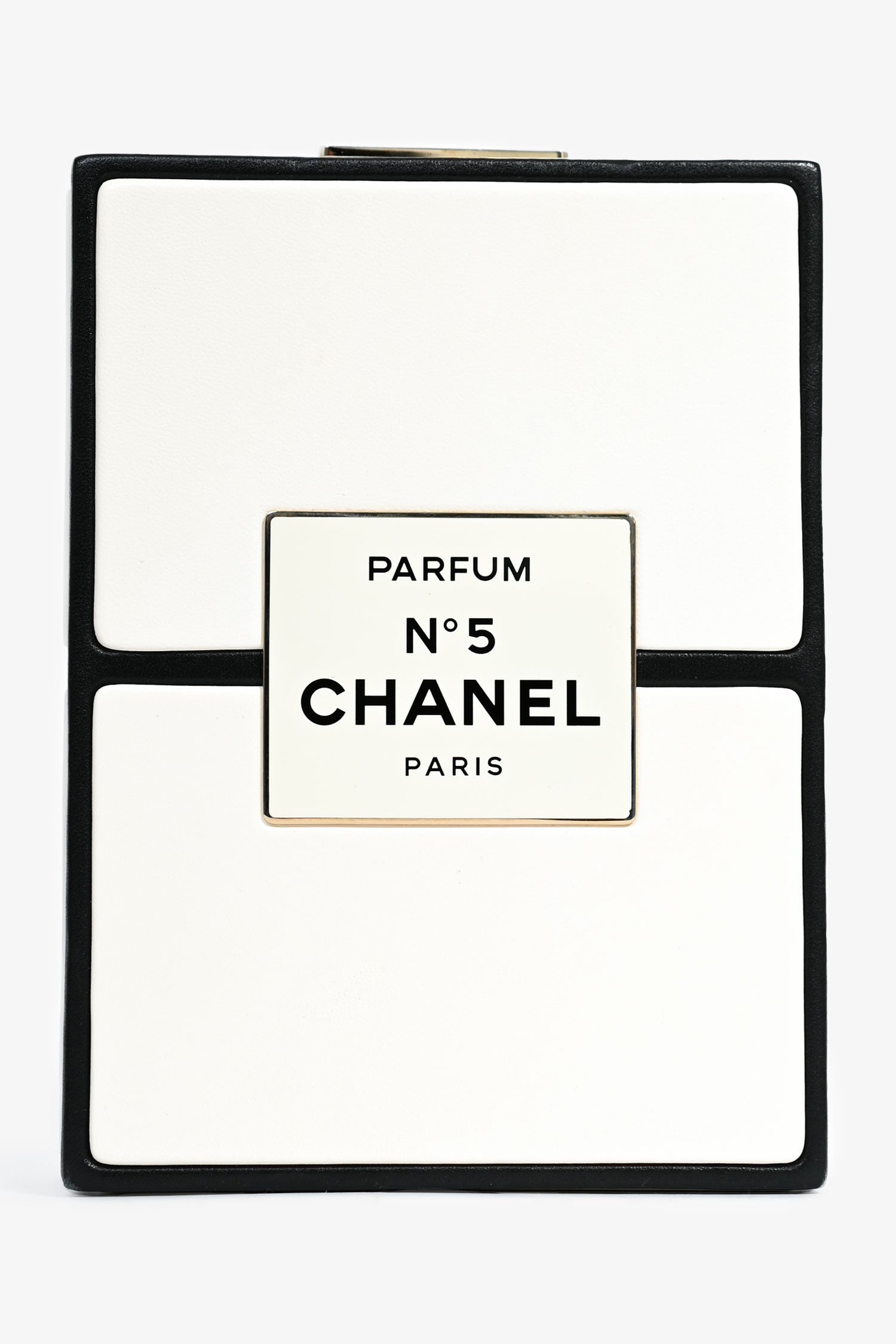 Pre-Loved Chanel™ Black/White Leather No. 5 Perfume Clutch Evening Clu